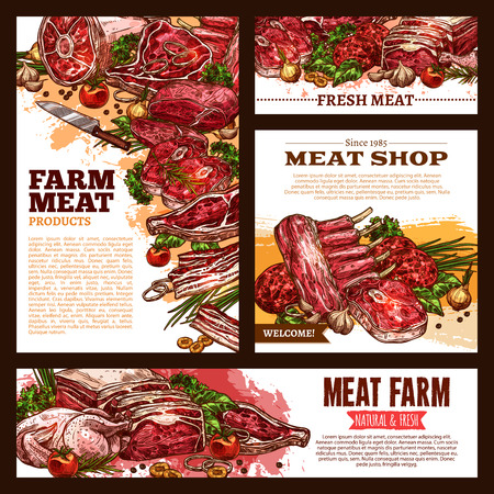 Meat fresh cut sketch banner template setのイラスト素材