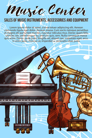 Music instrument sketch banner with musical notesのイラスト素材