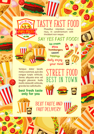 Fast food restaurant lunch dishes banner template. Fastfood hamburger, hot dog, soda, french fries, coffee, pizza, cheeseburger, ice cream, popcorn, onion rings and taco with ingredients vector posterのイラスト素材