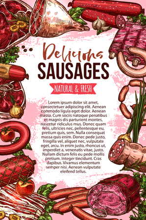 Fresh meat and sausage product sketch bannerのイラスト素材