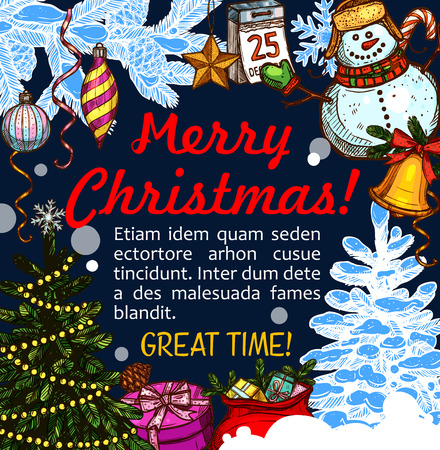 Merry Christmas happy greeting vector sketchのイラスト素材
