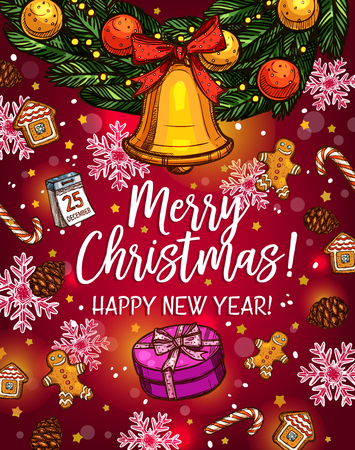 Christmas wreath with bell sketch poster designのイラスト素材