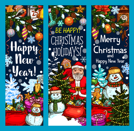 Merry Christmas Santa gifts vector sketch bannersのイラスト素材