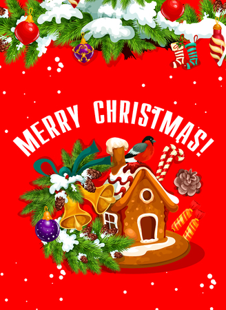 Merry Christmas banner with gingerbread houseのイラスト素材