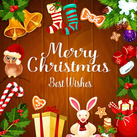 Christmas card with Xmas gift on wooden backgroundのイラスト素材