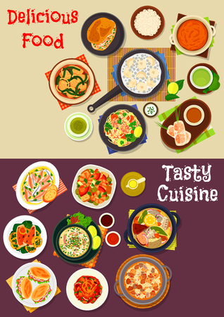 Seafood dishes icon set of fish, beef and spinach soups, seafood rice, spring roll, shrimp noodle and salad, rice pancake, vegetable stew with tuna, fish sandwich, pumpkin curry, fried fish with lemonのイラスト素材