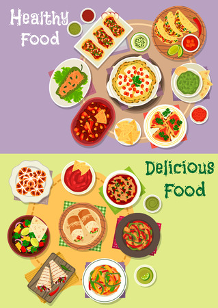 Mexican cuisine icon set with vegetable and meat taco, tortilla, burrito and fajita with salsa, guacamole sauce, tomato bean soup and salad, chilly chicken, stuffed pepper, cheese pancake, sweet breadのイラスト素材