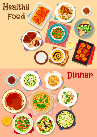 Healthy dinner dishes icon set of pasta with meat, vegetable, cheese and nuts, potato and chicken soups, tuna salad with veggies and egg, chicken tortilla, fried fish, pumpkin omelette, fruit dessertのイラスト素材