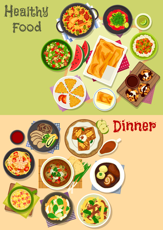 Lunch and dinner icon set with baked chicken, beef roll and pork, rice and noodle with meat, vegetables and fish, shrimp salad, chocolate cake, bacon and tofu soup, apple pancake, fish pie, cheesecakeのイラスト素材