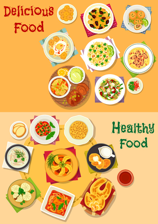 Appetizing lunch icon set with meat and vegetable stews, veggies, seafood, sausage, bean and cheese salads and more.のイラスト素材