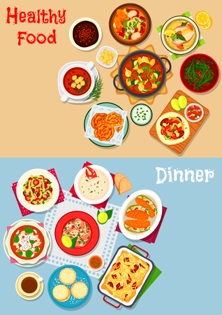 Lunch with dessert icon of pasta with tomato, sausage and cheese, vegetable and fish soups, seafood and lentil salads, sausage omelette, beef stew, chocolate mousse, lobster sandwich, cookie, pancakeのイラスト素材