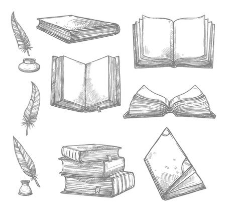 Old books and ancient manuscripts and ink quill or feather pen sketch icons. Obsolete vintage book, antique paper rolls and inkwell for bookshop writing stationery or literature design. Vector setのイラスト素材