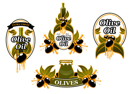 Olive oil icons or labels of green and black olives for extra virgin product package design template. Vector set of oil bottle or jar and drops on olive leaf for best quality organic cooking oilのイラスト素材