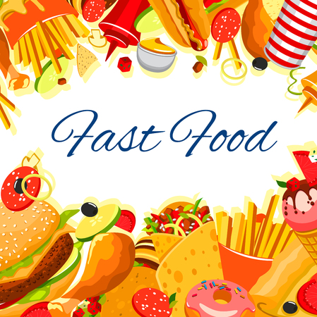 Fast food snack and meals poster for fastfood restaurant or bistro. Vector burger, hotdog sandwich or pizza and and fries combo, ice cream or donut dessert and soda or coffee drink and chicken nuggetsのイラスト素材