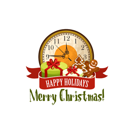 Merry Christmas greeting card design template of Christmas eve clock icon and gifts. Vector isolated ribbon with snow or snowflakes decoration and gingerbread cookie for New Year or Xmas celebrationのイラスト素材