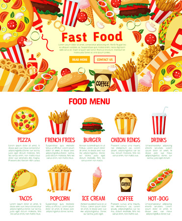 Fast food menu poster or landing web page template of cheeseburger burger, hot dog sandwich or hamburger for fastfood restaurant menu. Vector combo of tacos, pizza or burrito and friesのイラスト素材
