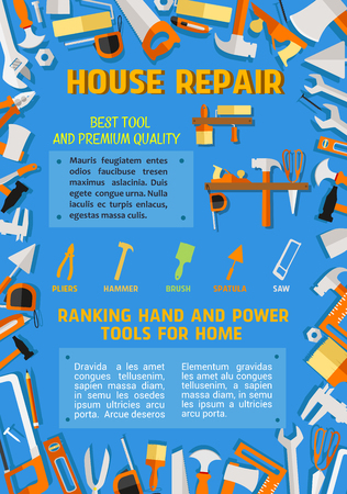 House repair poster of handyman work tools. Vector flat design of renovation or carpentry drill, saw or hammer and wrench, woodwork grinder or ruler and plastering trowel or interior decor paint brushのイラスト素材
