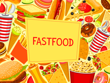 Fast food poster of meals and snacks for fastfood restaurant menu. Vector burger, cheeseburger sandwich or hamburger and hot dog or pizza, popcorn or ice cream and donut cake dessert, soda and coffeeのイラスト素材