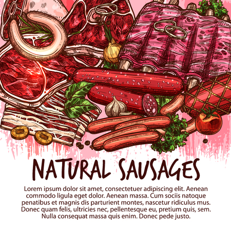 Meat delicatessen, sausages and fresh meaty product poster. Vector sketch cervelat, pepperoni or liver sausage, farm pork filet or beef steak and butchery brisket, ham bacon and mutton rib tenderloinのイラスト素材