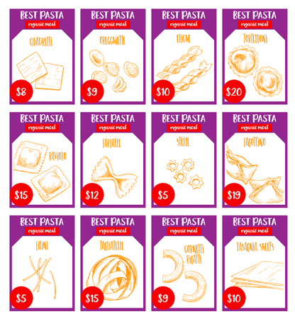 Italian pasta price card sketch design. Quadretti, oregghiette or eliche and tortelloni, durum raviolo or farfalle and stelle fagottino, filini and tagliatelle or lasagnia restaurant menu vector setのイラスト素材