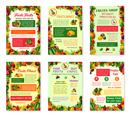 Fruits posters set for farm fruit shop or farmer market . Vector garden apple, peach or pear and apricot, organic grape or kiwi and garnet, fresh tropical exotic pineapple and watermelon harvestのイラスト素材