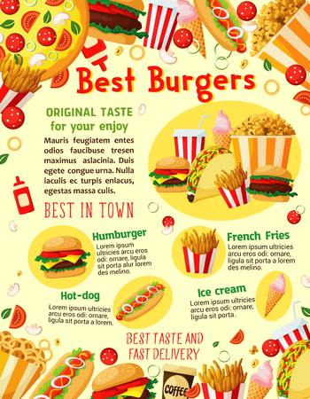 Fast food poster of best burgers, pizza and sandwiches for fastfood restaurant or delivery. Vector combo meals of cheeseburger, hamburger or hot dog and popcorn, ice cream and donut cake dessertのイラスト素材