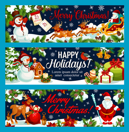 Merry Christmas and Happy Holidays greeting banners for New Year winter holiday wish. Vector Santa gift bag and snowman or reindeer at Christmas tree, Xmas holly wreath decoration and snowflakesのイラスト素材