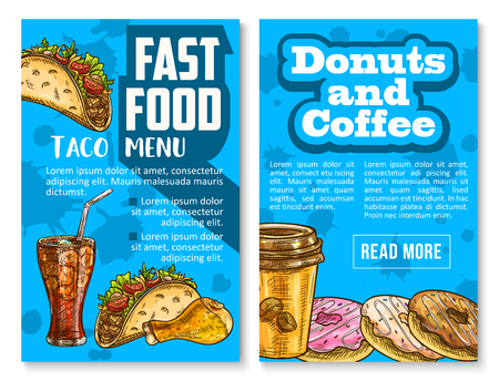 Fast food menu posters of mexican tacos, soda drink or sweet donut dessert and coffee. Vector sketch chicken leg barbecue, cake and sandwich for fastfood meals and snacks restaurant or bistro barのイラスト素材