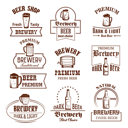 Beer shop, brewery bar or pub icons of glass, bottle or barrel and pint mug. Vector isolated labels set for light or dark beer brew ale pint, premium quality craft or draught beer for Oktoberfestのイラスト素材