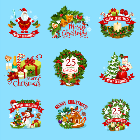 Christmas holiday icon set. Christmas tree and holly wreath, gift box, Santa Claus, snowman and candy, pine branch with snowflake, ball and bell, candle, red sock and ribbon banner for emblem designのイラスト素材