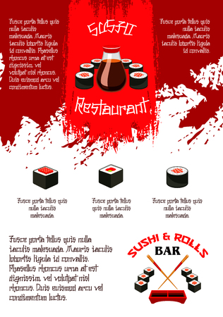 Sushi bar or Japanese food bar menu template or sushi bar. Vector design of sashimi and sushi rolls and salmon fish, bento tempura shrimp with steamed rice and soy sauce or noodles soup and chopsticksのイラスト素材