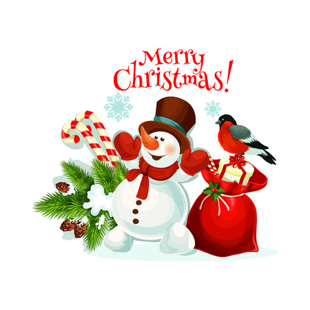 Merry Christmas greeting card of snowman and Santa gift bag icon for happy holiday design template. Vector New Year bullfinch and Christmas tree decoration and candy canes in ribbon for seasonal wishのイラスト素材