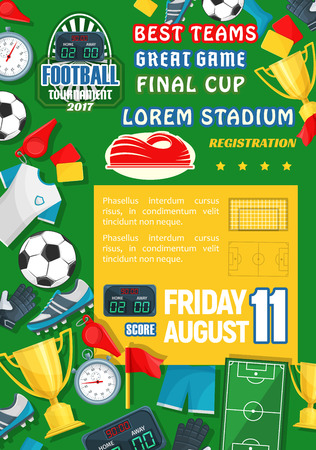 Soccer goal score table or football championship poster template. Vector design of soccer or football ball on stadium arena play field, referee stopwatch and whistle or winner golden cup gobletのイラスト素材