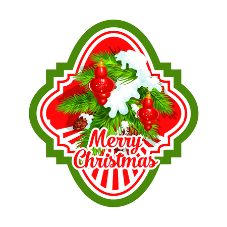 Christmas tree with ball label of Xmas holiday. Pine tree branch with red bauble, snow, pinecone and wishes of Merry Christmas isolated badge for winter holidays celebration designのイラスト素材