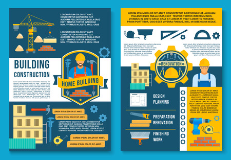 House construction and home building poster template. Vector flat design of engineering work tools, concrete block, engineer builder at concrete brickwork or winch crane with ruler, pencil and spannerのイラスト素材