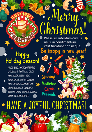 Merry Christmas wishes greeting card design of Christmas tree and Santa gifts. Vector New Year garland decorations, candle on fir or holy wreath and gingerbread cookie with Xmas gift stockingsのイラスト素材