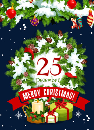 Merry Christmas greeting card for 25 December winter holiday on Christmas tree or holly wreath decoration in snowflakes. Vector New Year Santa gift, eve candle and gingerbread cookie on red ribbon bowのイラスト素材