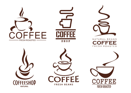 Coffee cups outline of hot steam drink for coffeehouse, cafeteria or coffeeshop cafe sign design. Hot steamy chocolate mug, strong espresso or latte macchiato and americano. Vector isolated icons setのイラスト素材