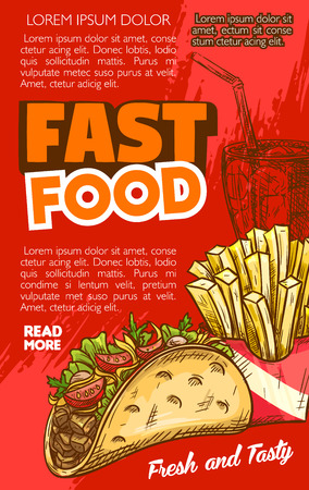 Fast food tacos snack or sandwich and french fries menu poster with price for cinema bar bistro or fastfood restaurant. Vector sketch design template of fried potato snack and mexican grill tortillaのイラスト素材