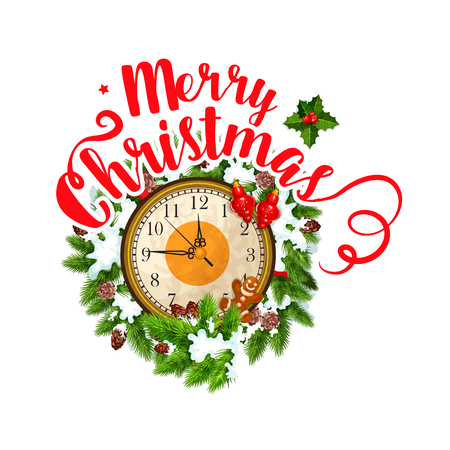 Merry Christmas greeting card design template of Christmas eve clock icon and gifts. Vector isolated ribbon with snow or snowflakes decoration and gingerbread cookie for New Year or Xmas celebrationのイラスト素材
