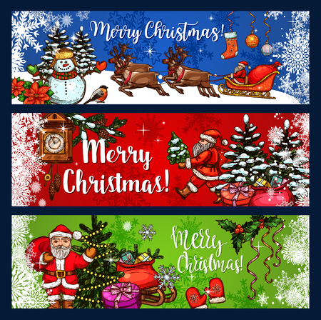 Merry Christmas sketch banner for winter holidays greeting card. Santa with Xmas tree and gift, snowman and reindeer sleigh, decorated with holly berry and pine branch, sock, ball and snowflakeのイラスト素材