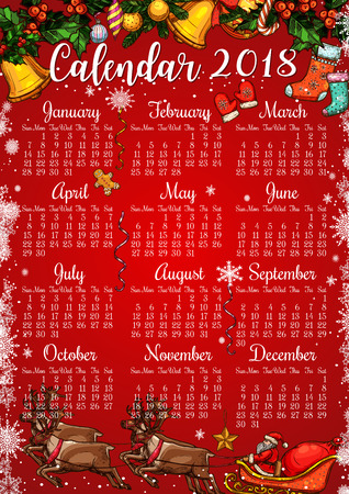 Christmas and New Year holidays calendar with frame of Xmas sketches. 2018 year calendar template, decorated with Christmas garland of holly and pine, bell, candy and sock, Santa sleigh with reindeerのイラスト素材