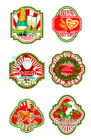 Christmas and New Year badge set. Xmas tree and holly wreath with ribbon, Santa Claus with gift bag, cookie and candy, reindeer, snowflake and Christmas ball for winter holidays label or emblem designのイラスト素材