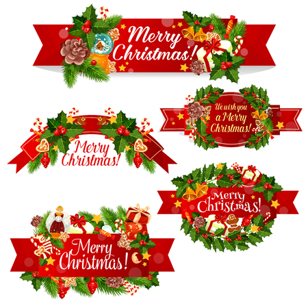 Christmas wreath ribbon banner for winter holidays celebration. Holly berry and Xmas tree branch with Santa bell, red ribbon and gift, star, candy and cookie, gingerbread man, sock and ballのイラスト素材