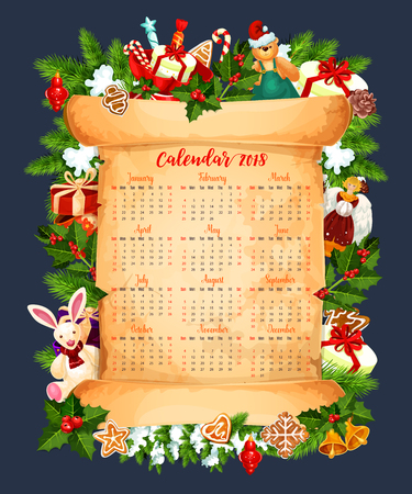 2018 calendar template design of Christmas tree decorations or New Year garland and Santa toy gifts frame. Vector holly wreath, golden bell and angel in snowflakes on paper scroll backgroundのイラスト素材