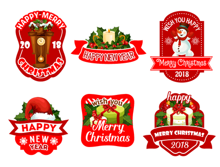 Merry Christmas and Happy New Year icons for 2018 greeting card design. Vector Santa gifts, Christmas tree and decoration wreath ribbon, snowman and golden bell garland of stars for winter holidaysのイラスト素材