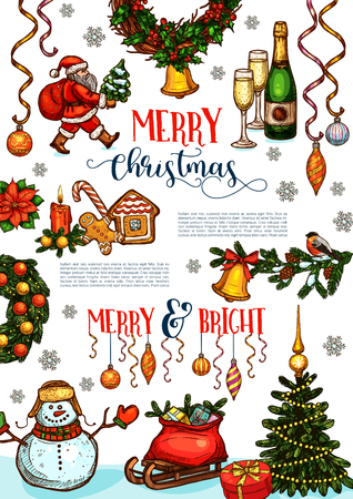 Christmas holidays celebration poster template. Xmas tree with Santa and snowman, gift bag with presents, bell, snowflake and candle, pine and holly wreath with ribbon, ball, candy and cookie sketchesのイラスト素材