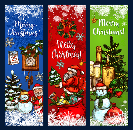 Christmas Day greeting banner with Xmas tree and gift sketches. Santa Claus and snowman with presents, candle and calendar festive card design with Christmas wreath, snowflake, ribbon and starのイラスト素材