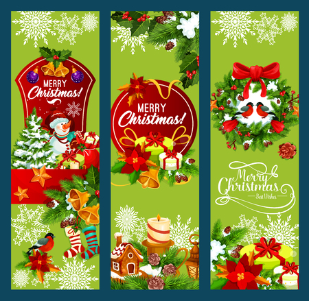 Merry Christmas holiday greeting banners design. Vector Santa gift bag and snowman, stockings and holly wreath decoration or lights garland on Christmas tree for New Year winter season wishesのイラスト素材