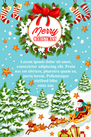 Merry Christmas greeting banner of Santa Claus sleigh with reindeer. Santa with gift bag and present box in sleigh festive poster, decorated with Christmas wreath, ribbon bow, snowflake, star and sockのイラスト素材